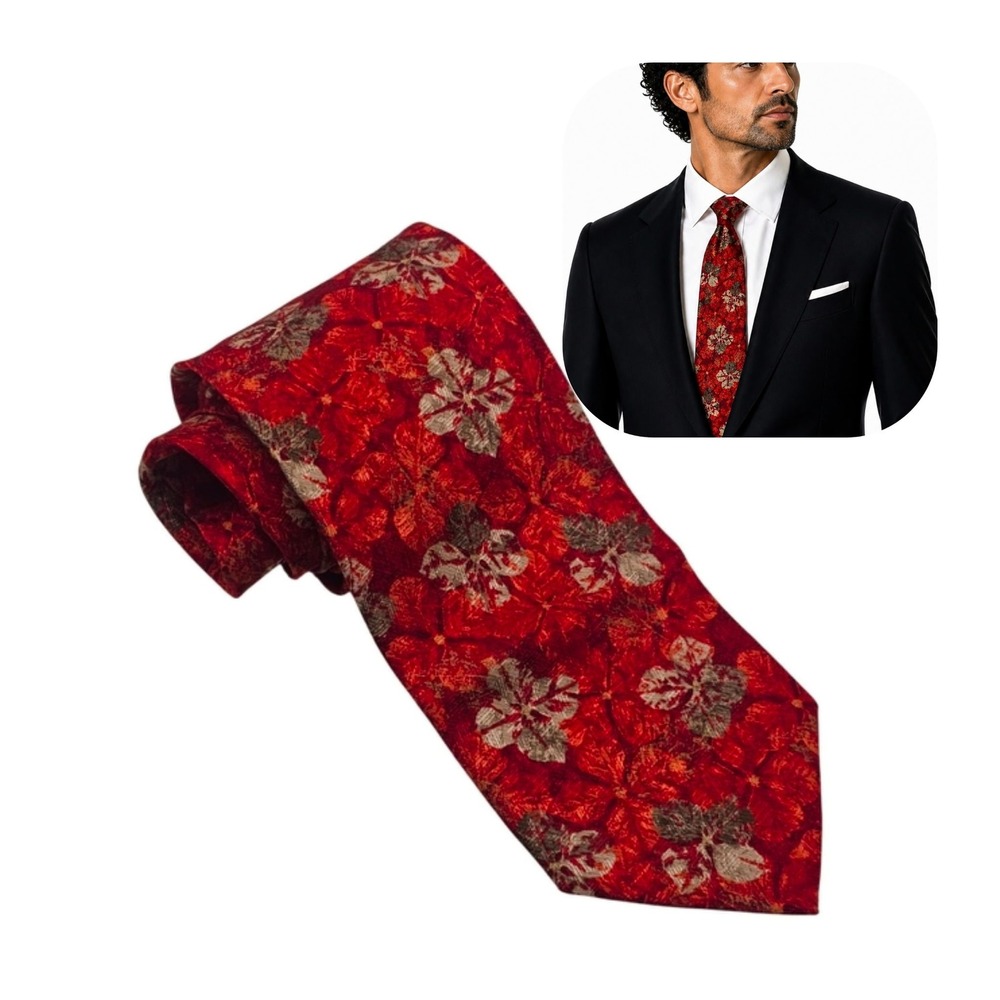 Ermenegildo Zegna Textured Silk Tie Red Floral Italy Designer Luxury Formal 90s